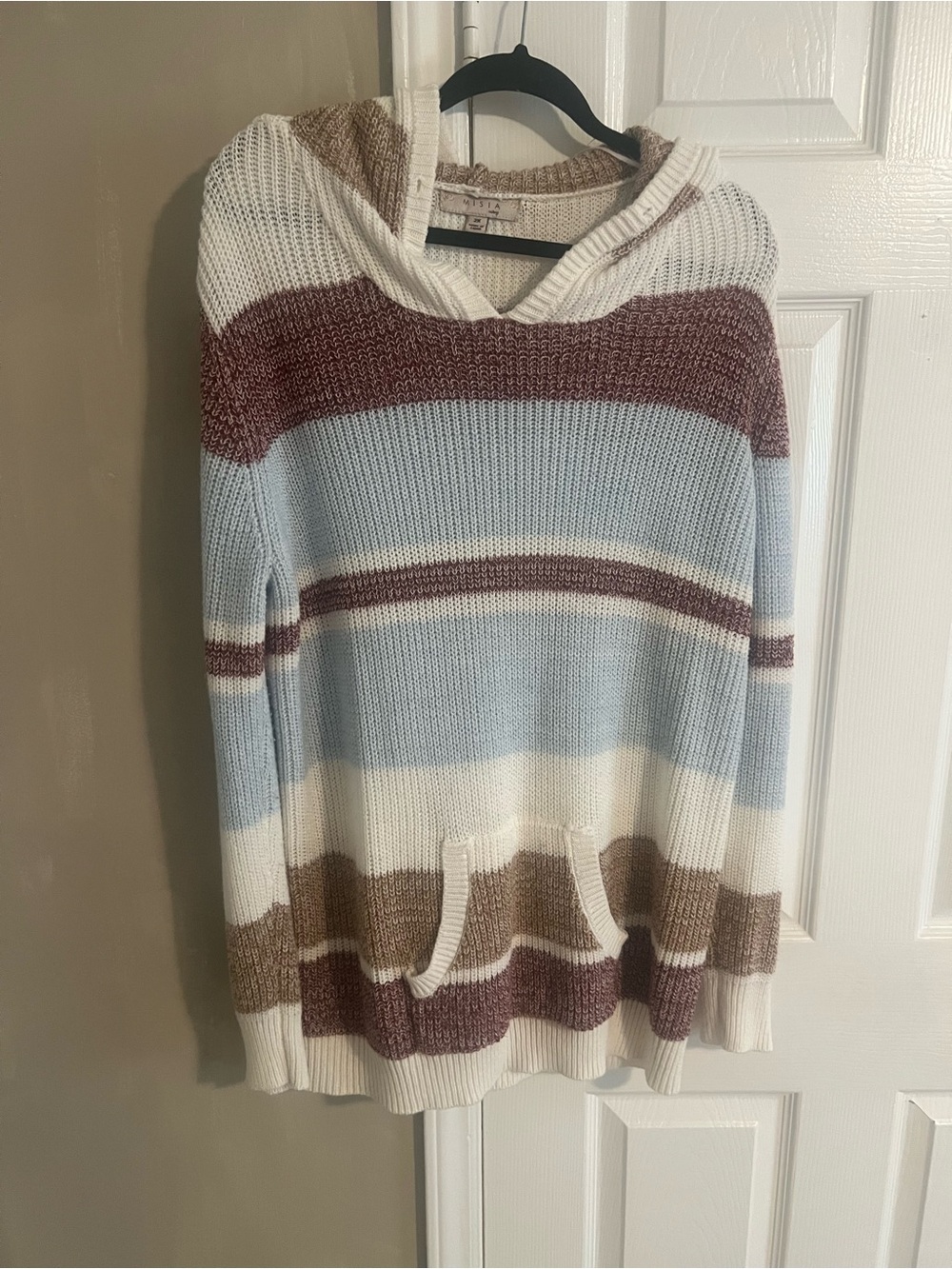 Misia Striped Hooded Knit Sweater in Blue, Cream & Brown